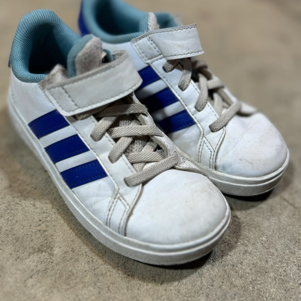 Little Kids White and Blue Adidas Sneakers